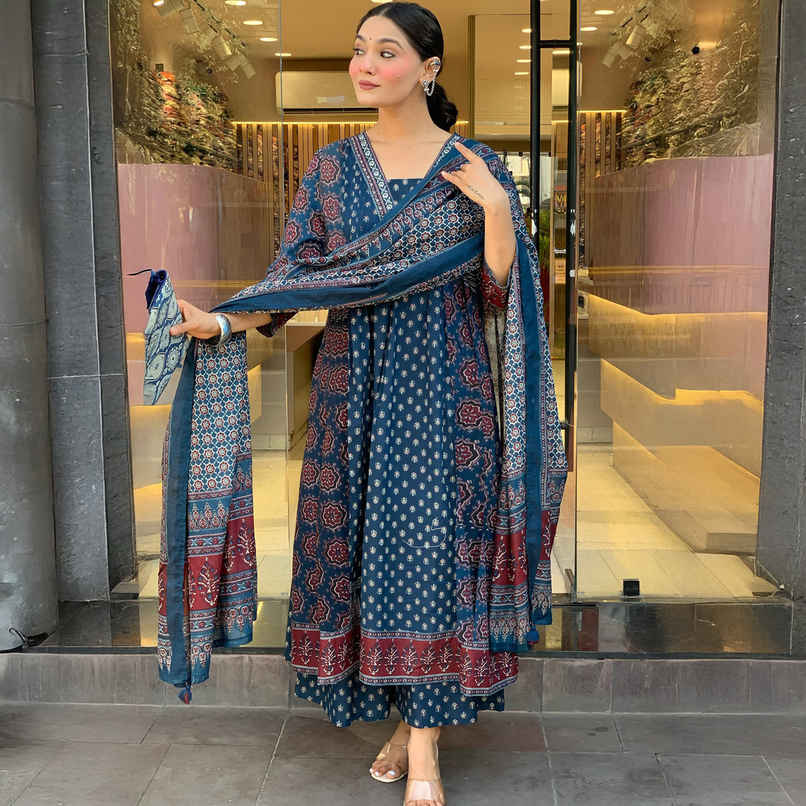 GoSriKi Women's Viscose Rayon Anarkali Printed Kurta with Pant & Dupatta | NAKULA | Blue - M