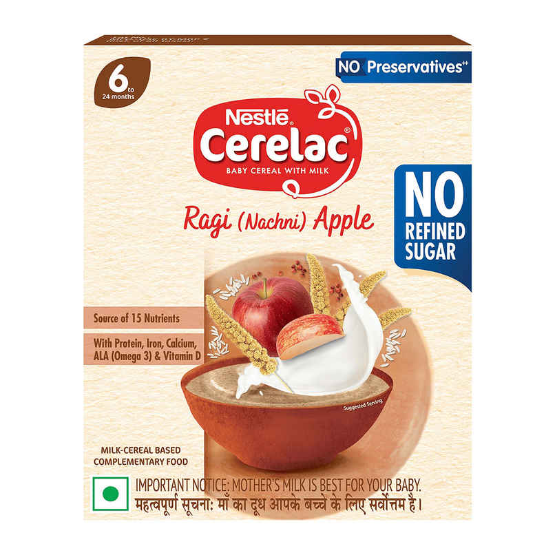 Nestle CERELAC Ragi (Nachni) Apple Baby Food Cereal, No Refined Sugar & No Preservatives
