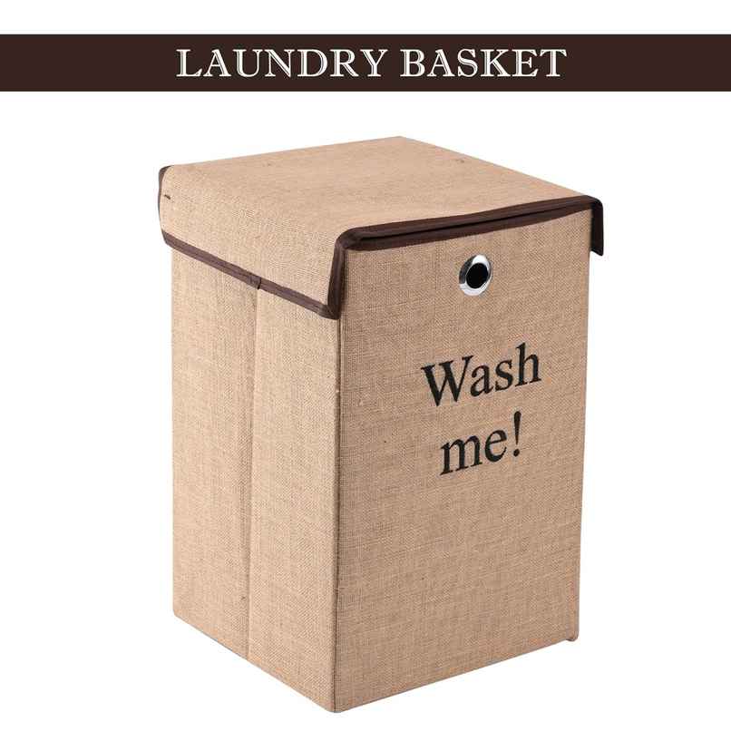 Kuber Industries | 75 L | Jute Fabric Foldable Laundry Basket with Ring | Velcro Lid | Brown