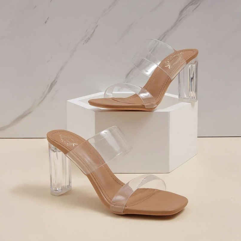 Shoetopia Stylish Trasparent Detailed Beige Block Heels For Women | UK 7