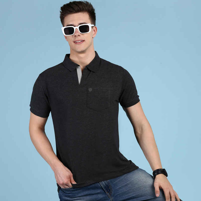 Lux Cozi Men's Solid Cotton Polo T-shirt with Pocket | Black Melange - XL