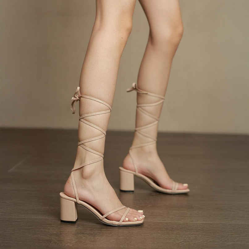 Shoetopia Stylish Tie-up Cream Heeled Sandals Women | UK 8