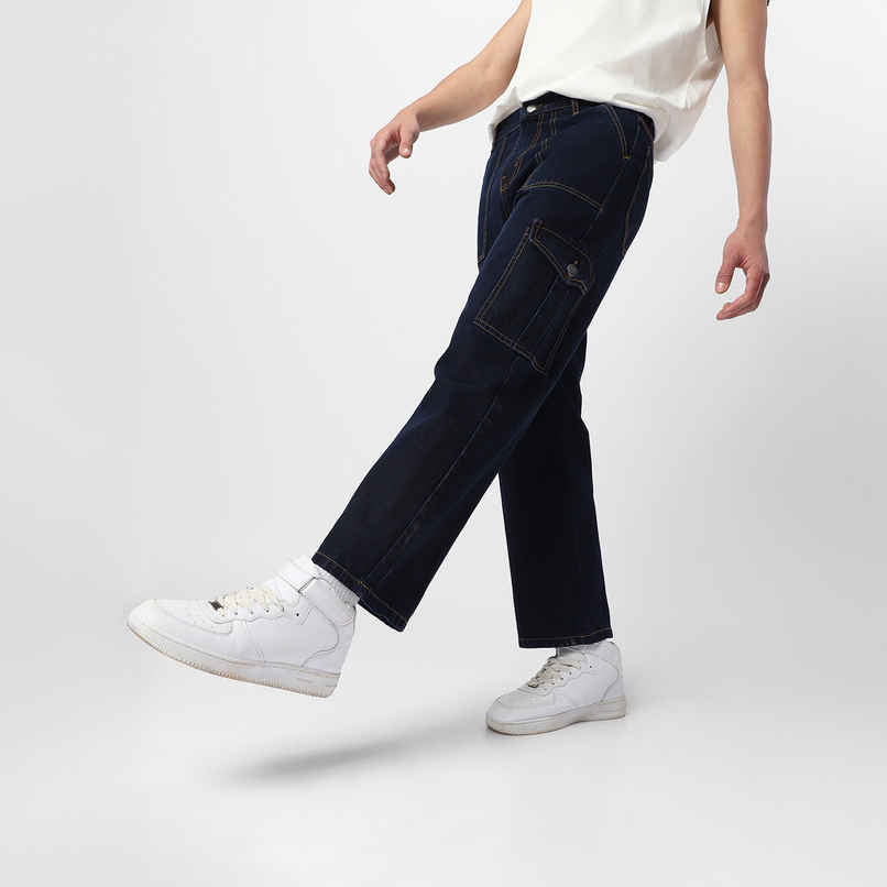 Urbano Fashion Men's Dark Blue Loose Baggy Fit Cargo Jeans With 6 Pockets Non-Stretchable-36
