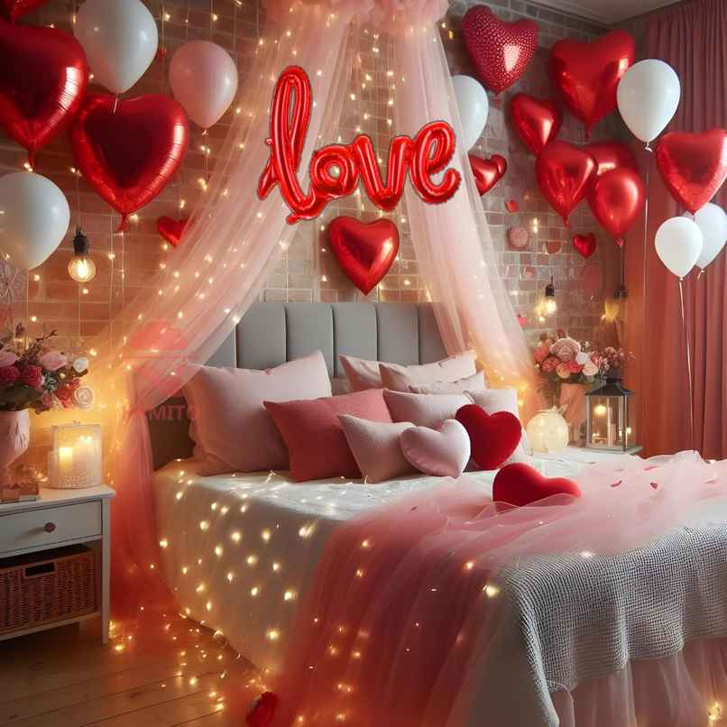 Tent Romantic Decoration Set | Love Foil Balloons, Heart Backdrop, LED Lights | Hemito