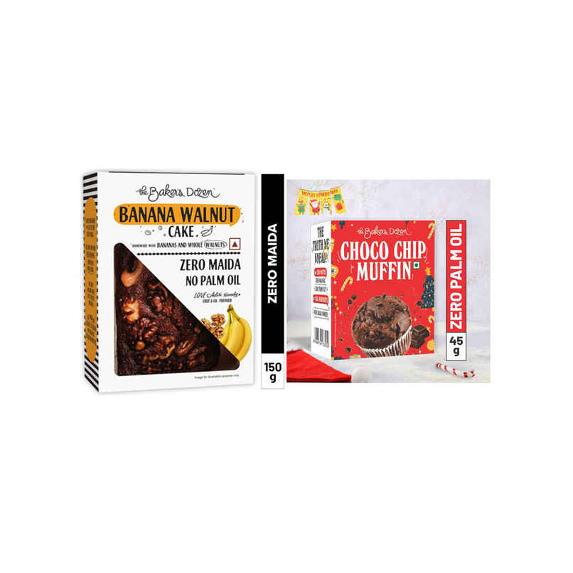 The Baker'S Dozen Whole Wheat Banana Walnut Cake | Bakery Delight (150g) & The Baker'S Dozen Choco Chip Muffin | Soft & Chocolatey (45g) Combo