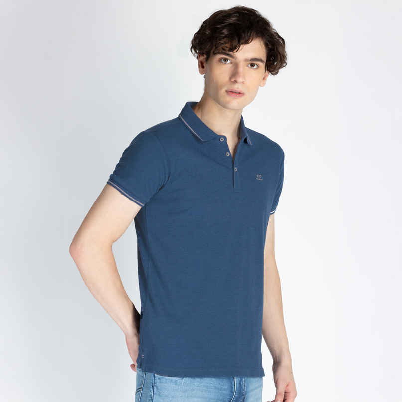 Status Quo Men Polo T-shirt - Navy Mel | Slim Fit, Tipping Collar | M