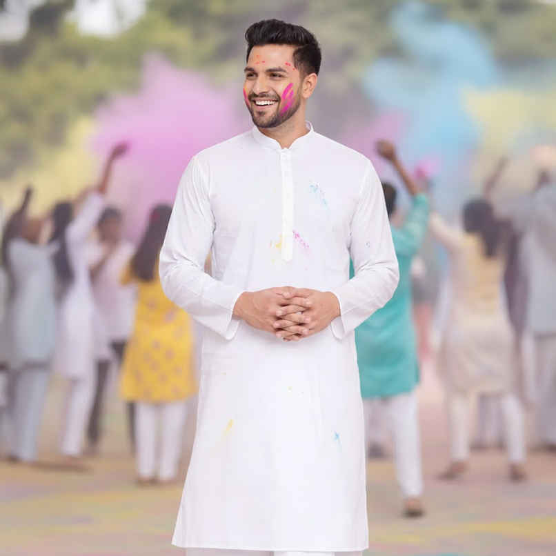 Vastramay Men's Cotton Kurta for Holi | White - M
