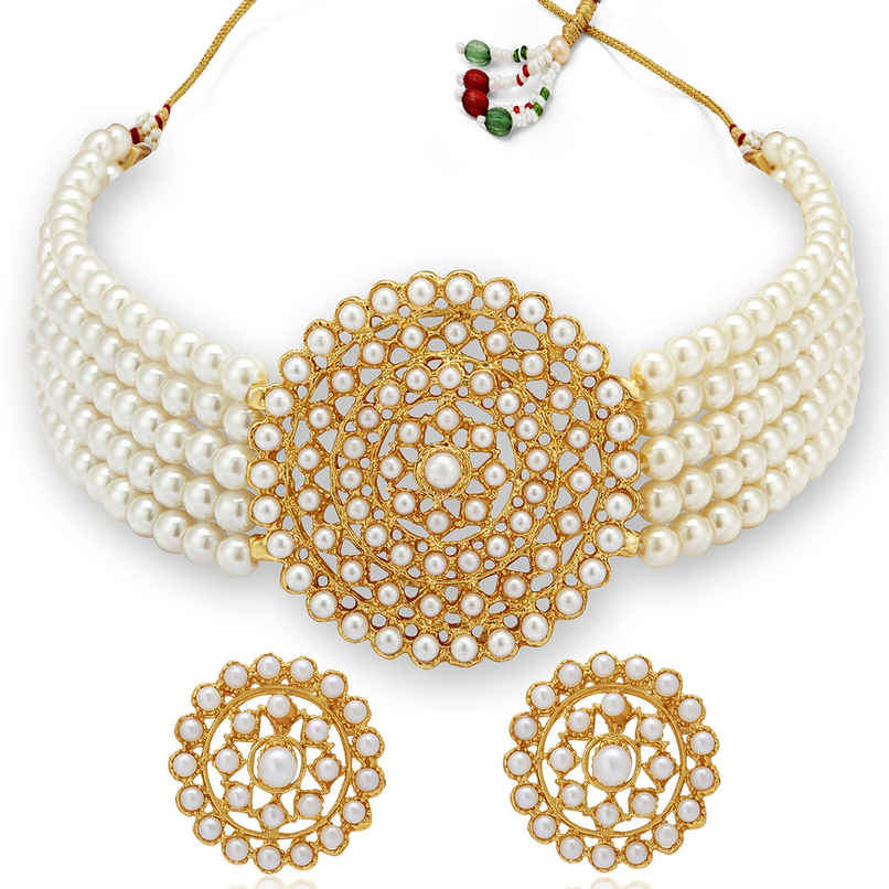 Sukkhi Lavish Gold Plated White Pearl Choker Necklace Set For Women