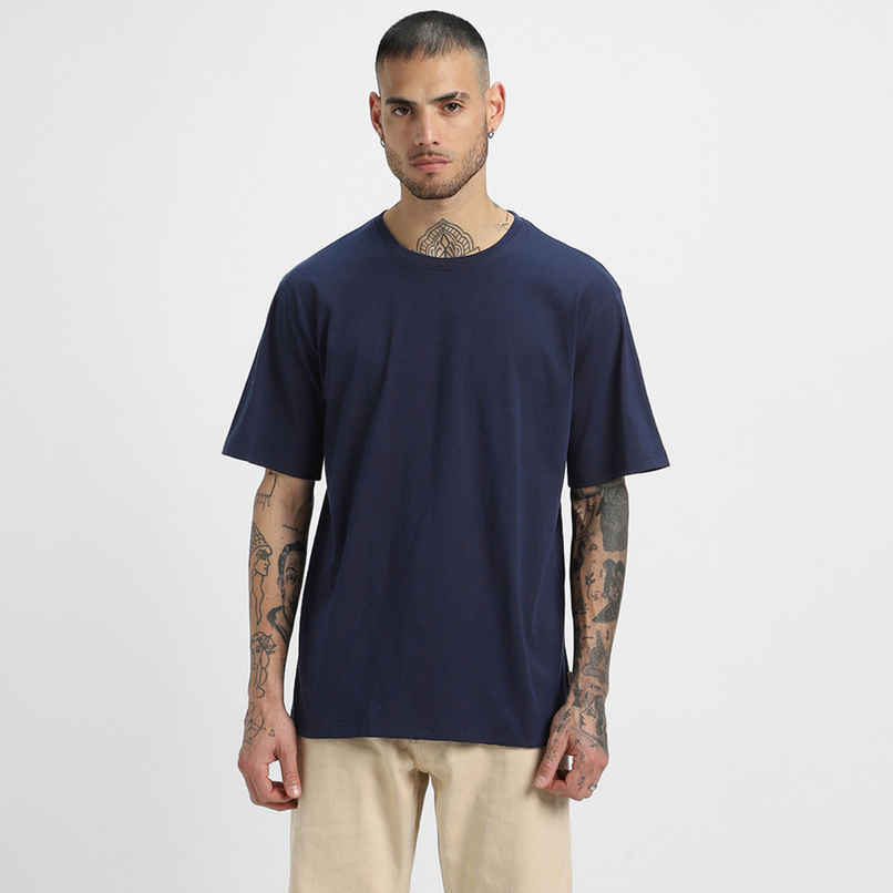 Veirdo Pure Cotton Oversized Fit Round Neck Navy T-Shirt For Men - L