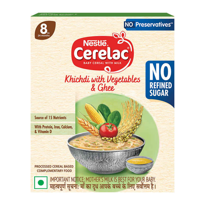 Nestle Cerelac Khichdi with Vegetables & Ghee Baby Food Cereal | No Refined Sugar & No Preservatives | 8-24 Months Nestle Cerelac Khichdi with Vegetables & Ghee Baby Food Cereal | No Refined Sugar & No Preservatives | 8-24 Months