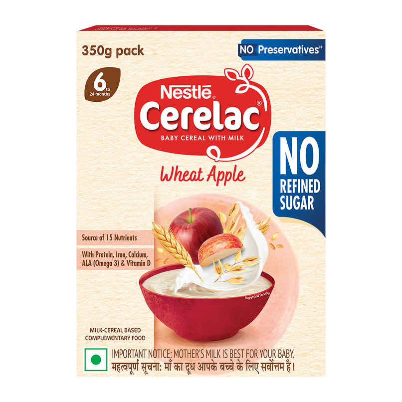 Nestle Cerelac Wheat Apple Baby Food Cereal, No Refined Sugar & No Preservatives, 6 to 24 Months