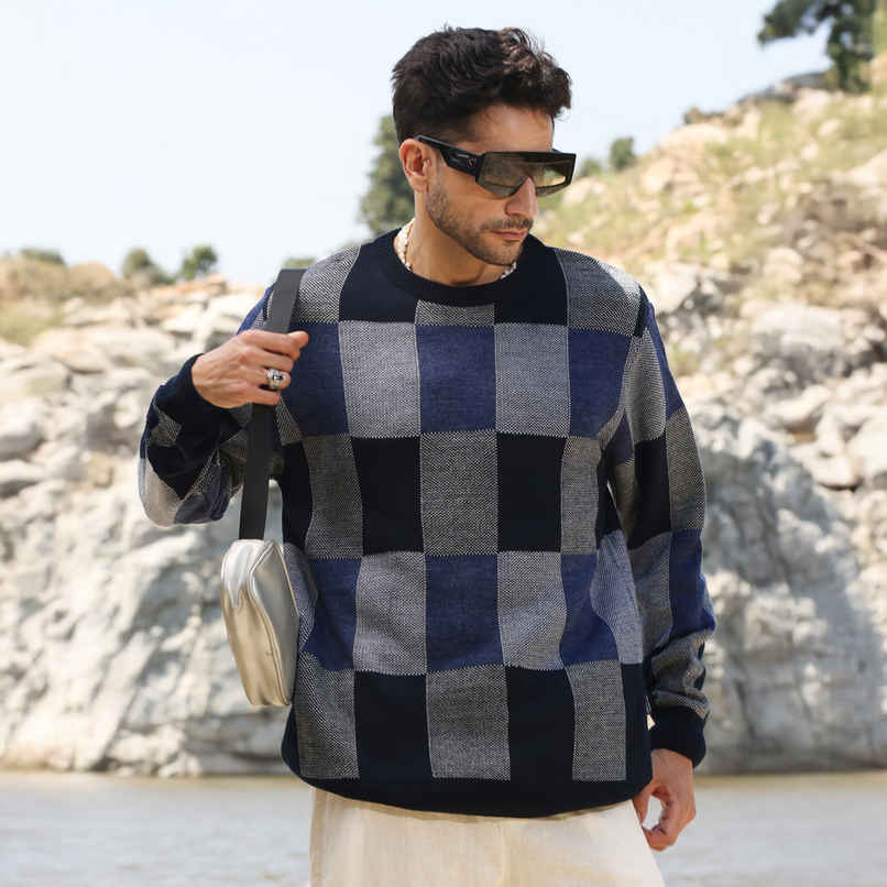 Campus Sutra Men's Block Check Pullover Sweater | Blue - M