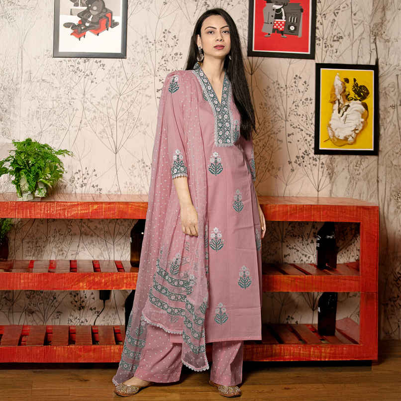 GoSriKi Women's Rayon Blend Straight Printed Kurta with Pant & Dupatta | BELAGAVI | Purple - M