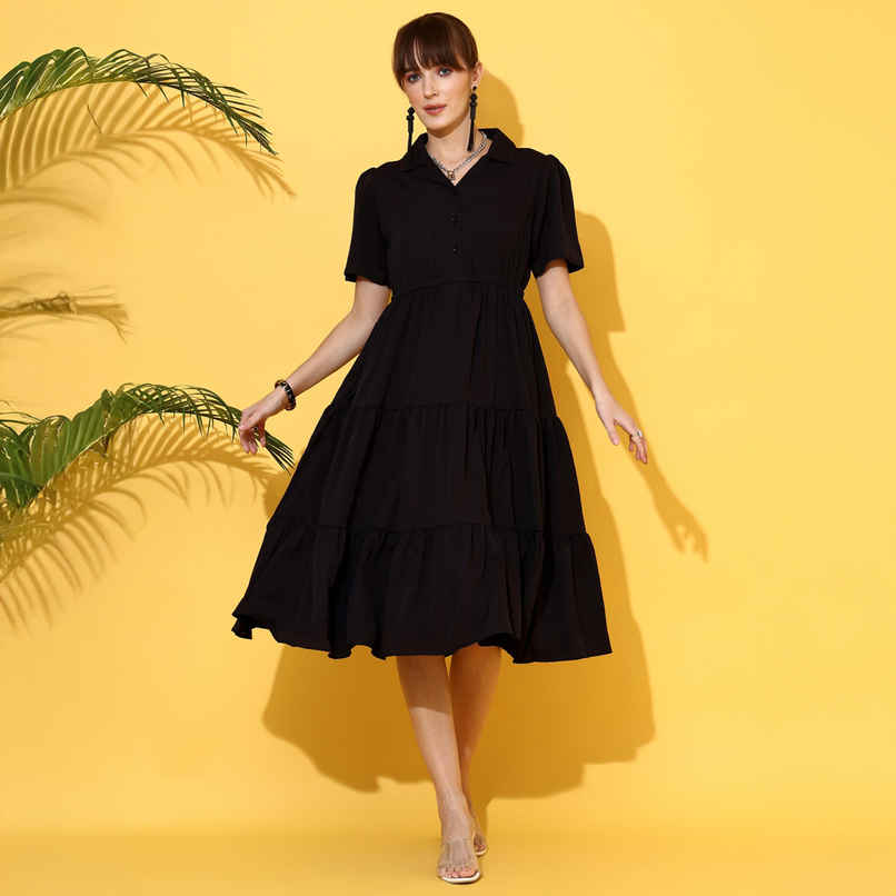 Sheetal Women's Black Shirt Collar Fit And Flare Midi Dress | 11621 | Black - XL