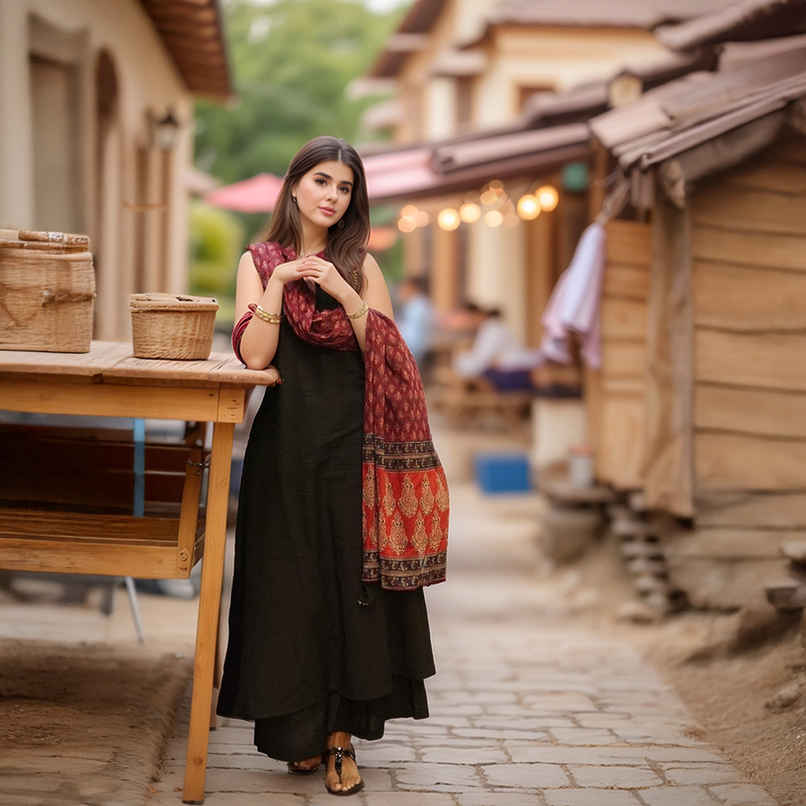 GoSriKi Women's Viscose Rayon Anarkali Solid Kurta with Pant & Dupatta | UMIKA | Black - XL