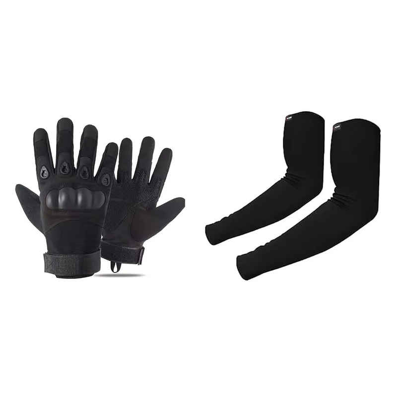 Autoguys Ff|1 Full|Finger Bike Riding Gloves Knuckle Armour Hand Gloves Washable | Size | L, Black (1pc) & Autofy Pro Fit 240 Gsm Unisex Arm Sleeves | Uv Protection | Black (1pc) Combo