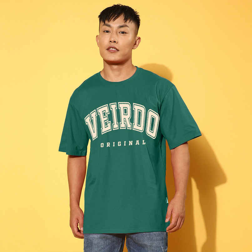 Veirdo Pure Cotton Oversized Fit Round Neck Green Printed T-Shirt For Men - M