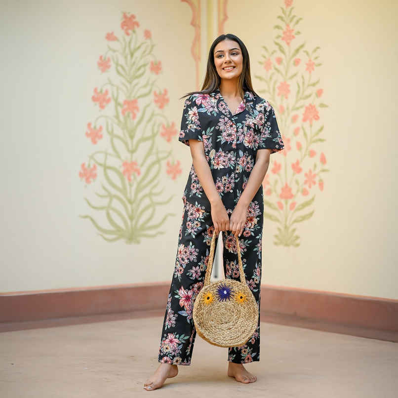 Sanskrutihomes Women Black Pure Cotton Floral Print Pyjama | Set L