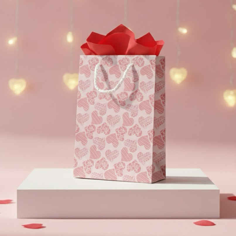 Baby Pink Pattern Heart Gift Bag | 8 x 9 inch | Mad Over Prints