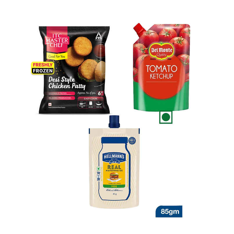 Itc Master Chef Desi Style Chicken Patty | Goodness Of Protein | No Added Preservatives | 6 Pieces (330g) & Hellmann'S Eggless Mayonnaise World'S No.1 Mayonnaise Brand (85g) & Del Monte Classic Blend Tomato Ketchup (450g) Combo