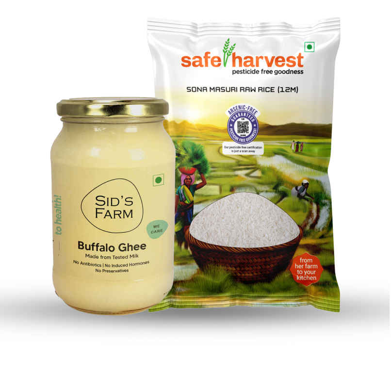 Sid'S Farm Buffalo Ghee (350g) & Safe Harvest Pesticide-Free Sona Masuri Rice | Gluten-Free, Unpolished, Arsenic-Free | 12 Months (5kg) Combo Sid'S Farm Buffalo Ghee (350g) & Safe Harvest Pesticide-Free Sona Masuri Rice | Gluten-Free, Unpolished, Arsenic-Free | 12 Months (5kg) Combo