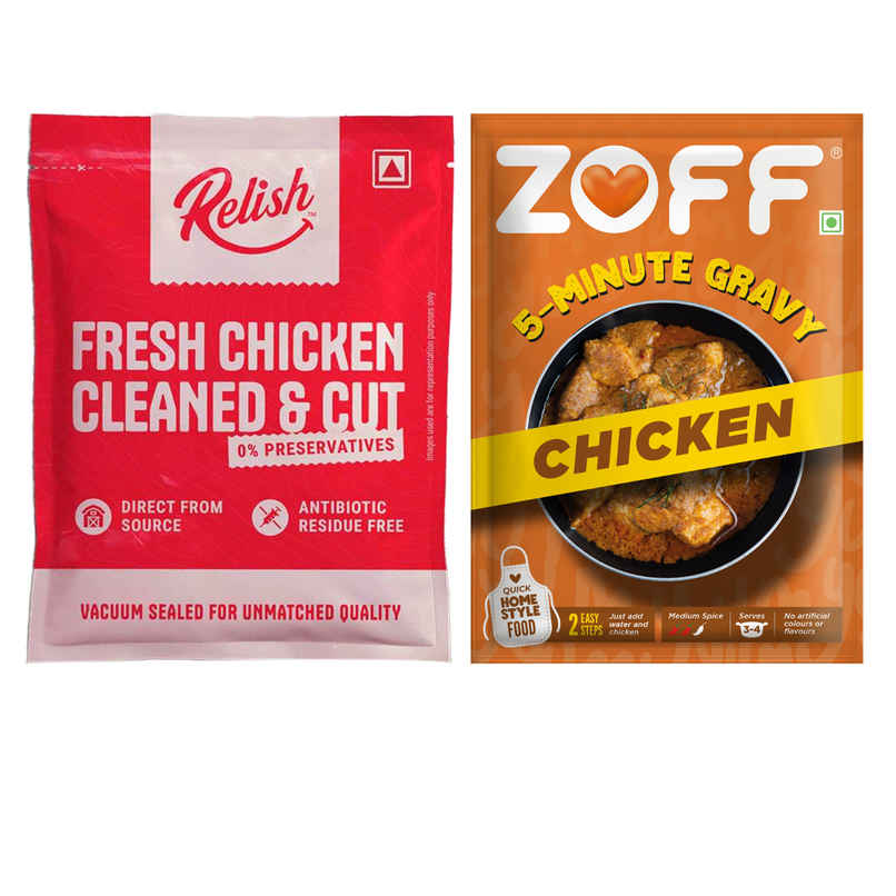 Zoff 5Mins Gravy Chicken (90g) & Relish Chicken Curry Cut Without Skin (500g) Combo Zoff 5Mins Gravy Chicken (90g) & Relish Chicken Curry Cut Without Skin (500g) Combo