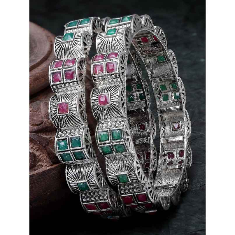 Sukkhi Silver Oxidised Rhodium Plated Red & Green Broad Bracelet Bangle Set Jewellery - 2.6