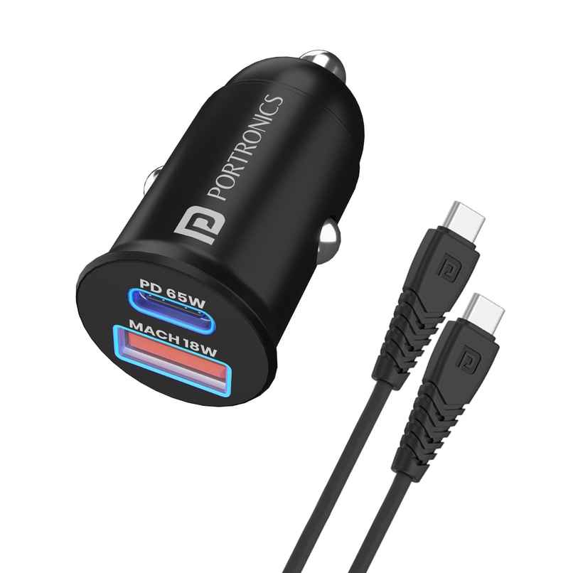 Portronics Car Power 65 Car Charger With 2M Type-C Pd Cable Dual Output