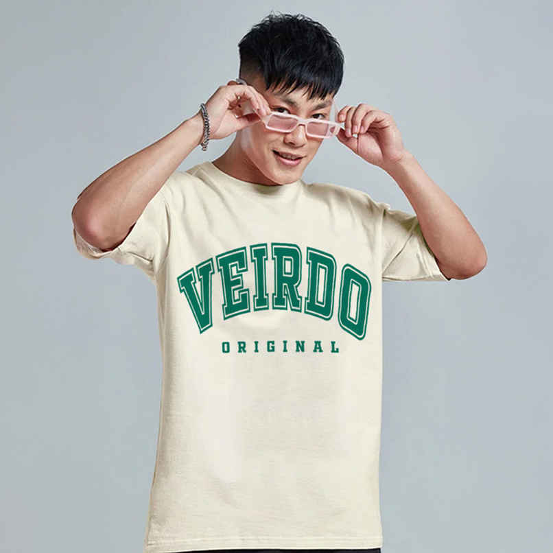 Veirdo Pure Cotton Oversized Fit Round Neck Swan White Printed T-Shirt For Men - M