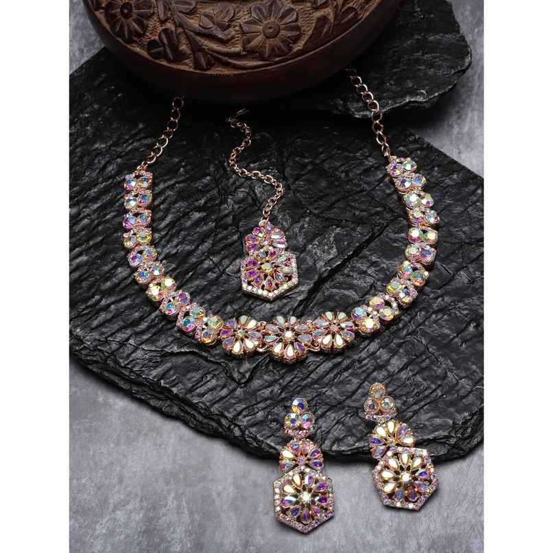 Sukkhi Fusion Rose Gold Plated Collar Bone Necklace Set Earring & Maangtika Set for Women Sukkhi Fusion Rose Gold Plated Collar Bone Necklace Set Earring & Maangtika Set for Women
