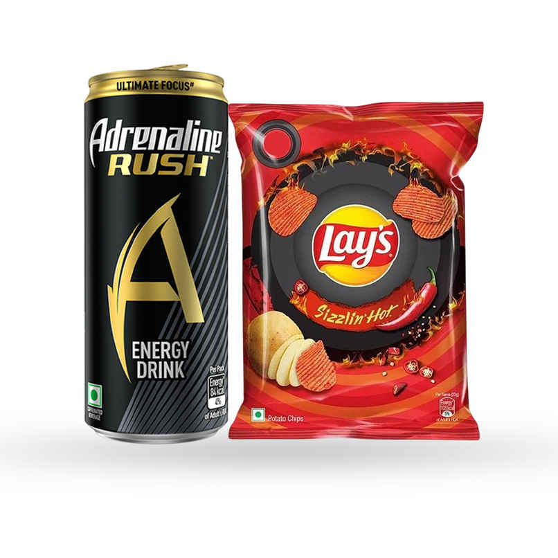 Adrenaline Rush Energy Drink - Black (300ml) & Lay'S Potato Chips - Sizzling Hot Spicy Flavour (48g) Combo
