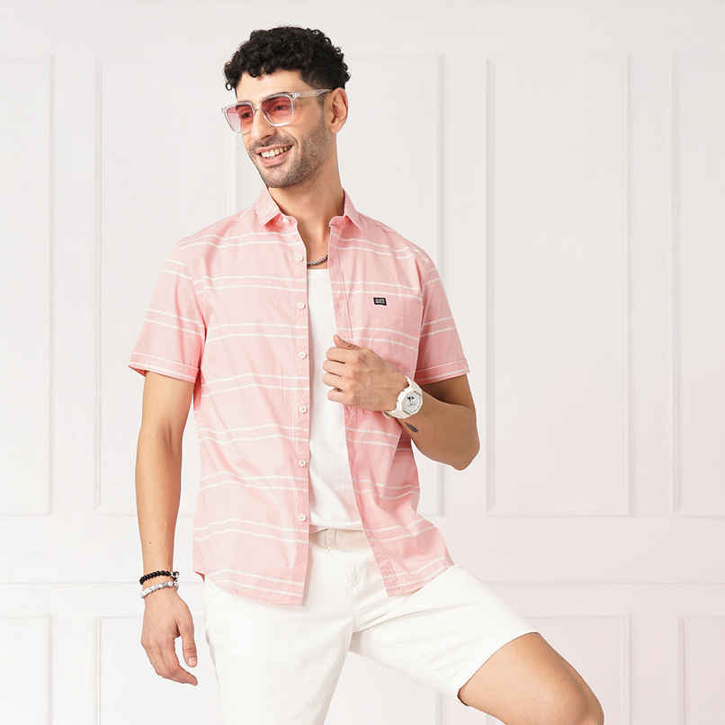 The Indian Garage Co Men's Slim Fit Striped Casual Shirt | Pink - M