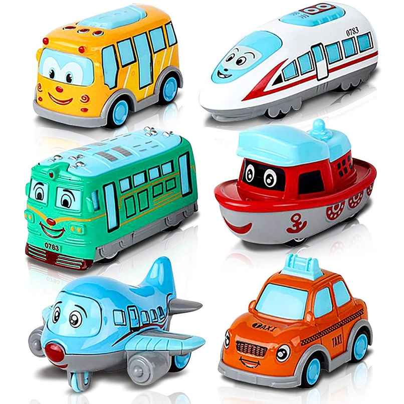 Toyshine 6-Pack Friction Powered Transport Vehicles Set, Push & Go Toys for Kids, Multicolor