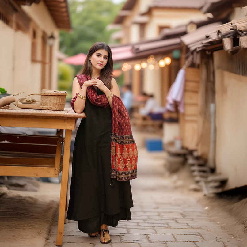 GoSriKi Women's Viscose Rayon Anarkali Solid Kurta with Pant & Dupatta | UMIKA | Black - S