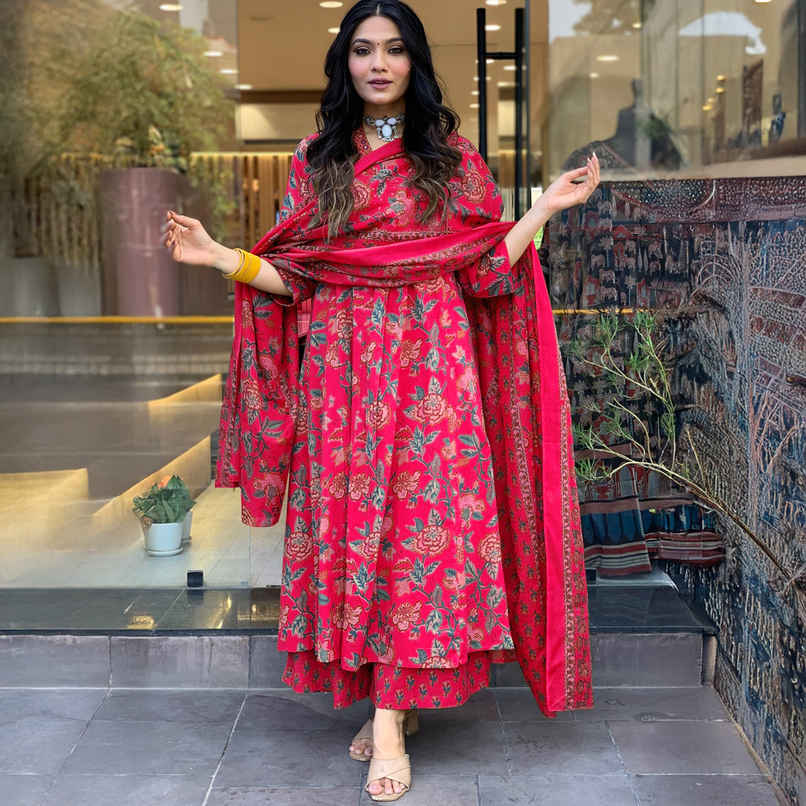 GoSriKi Women's Viscose Rayon Anarkali Printed Kurta with Pant & Dupatta | CIA | Pink - M
