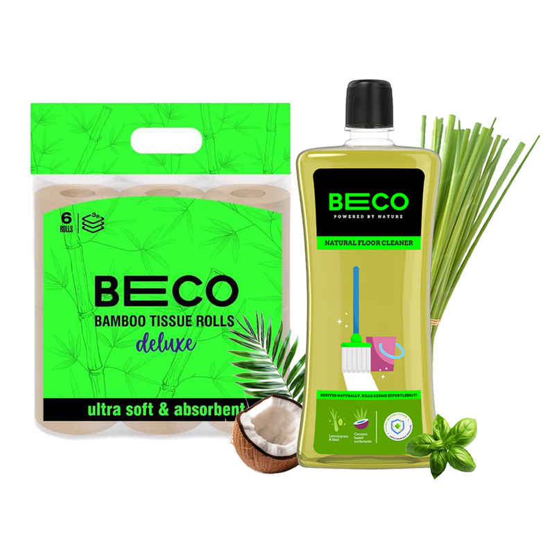 Beco Toilet Tissue Paper Roll - 3 Ply - Ecofriendly (6pc) & Beco Lemongrass & Basil Freshness Natural Disinfectant Floor Cleaner (500ml) Combo 