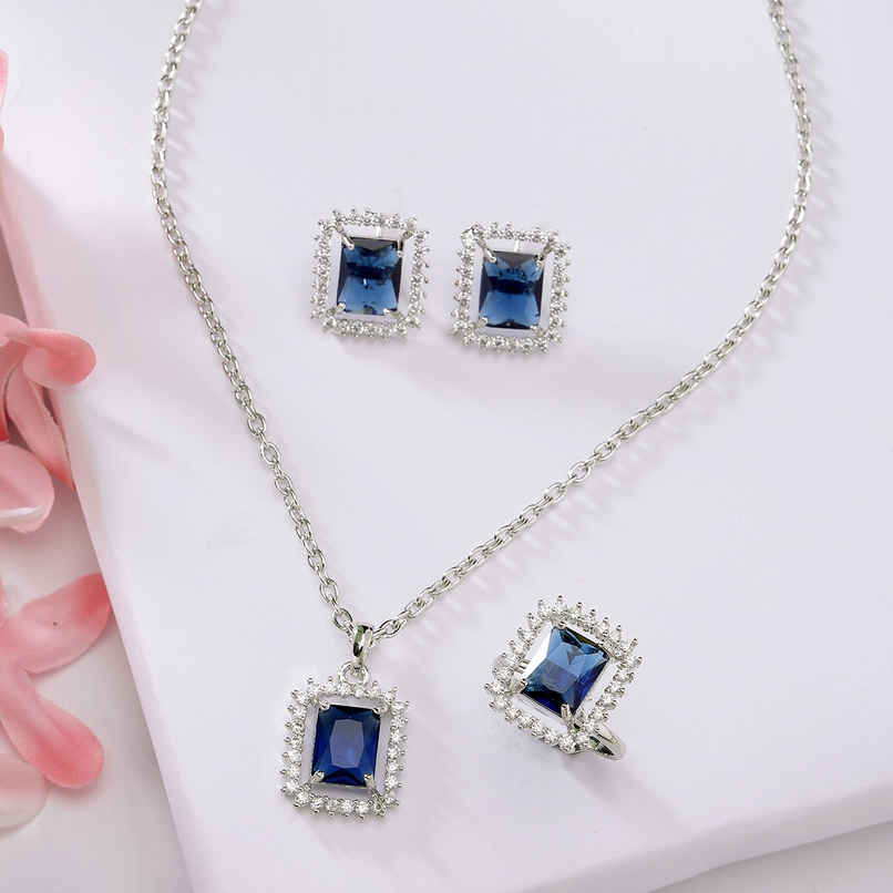 Zeneme Rhodium Plated AD Studded Princess Cut Crytsal Blue Necklace Earrings & Ring For Women Zeneme Rhodium Plated AD Studded Princess Cut Crytsal Blue Necklace Earrings & Ring For Women