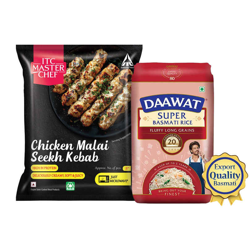 Itc Master Chef Chicken Malai Seekh Kebab (400g) & Daawat Super Basmati Rice | Long Grain (1kg) Combo Itc Master Chef Chicken Malai Seekh Kebab (400g) & Daawat Super Basmati Rice | Long Grain (1kg) Combo