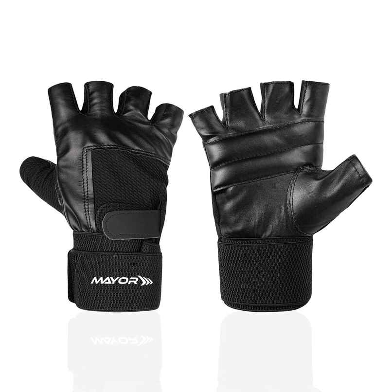Mayor Premier Leather Gym Gloves For Women And Men With Wrist Supporter (Black, Free Size)