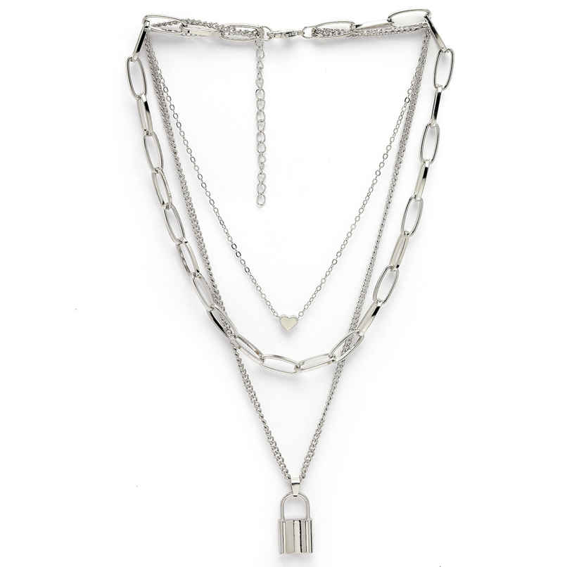 Scintillare By Sukkhi Western Style Rhodium Plated Silver Heart Lock Pendant Necklace