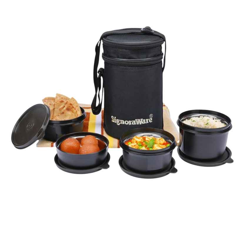 Signoraware Monarch Executive Big Microsafe Steel Lunch Box Food Grade Stainless Steel Black