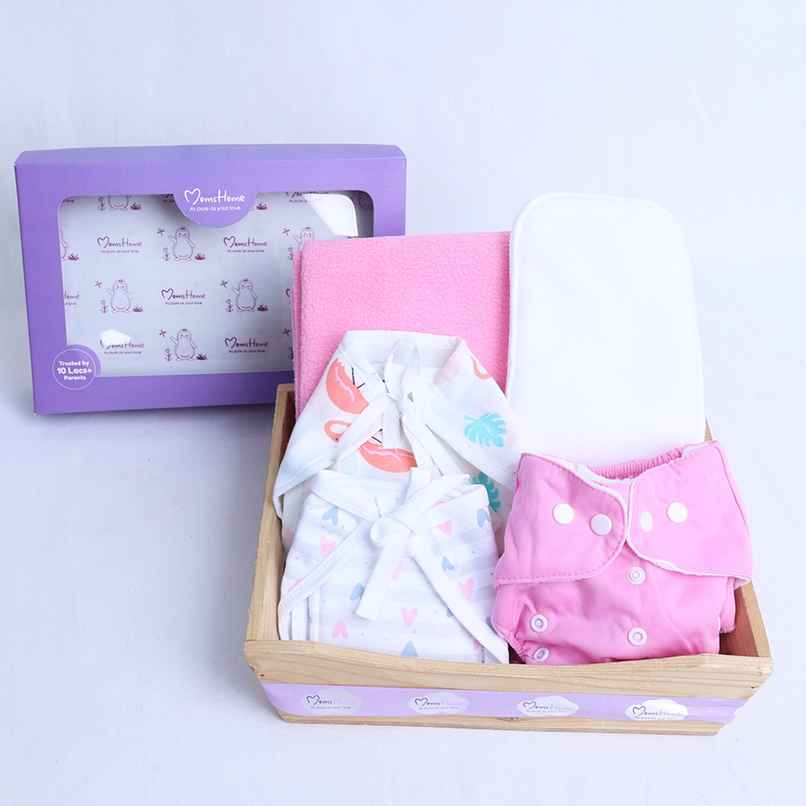 Moms Home Organic Cotton Baby Nappy Time Combo | 5 Items | Pink