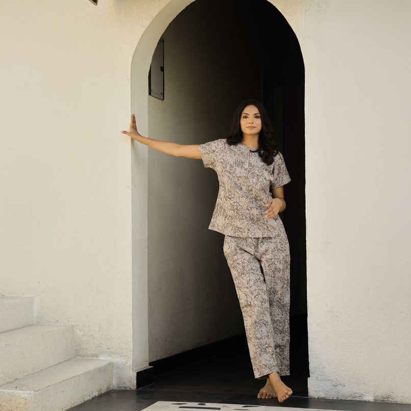 Sanskrutihomes Women's Printed Pure Cotton Night Suit | Grey - L