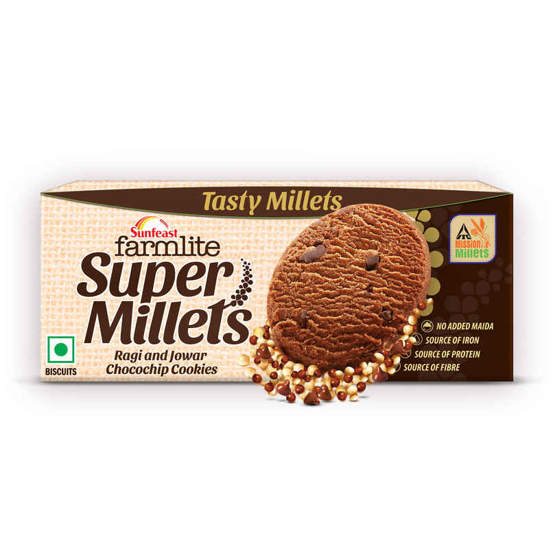 Sunfeast Farmlite Super Millets Ragi and Jowar Chocochip Cookies,Delightfully Tasty & Crunchy