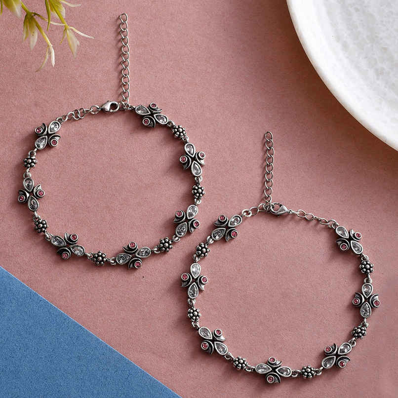 Voylla Abharan Silver Plated Pink And White Stones Anklets