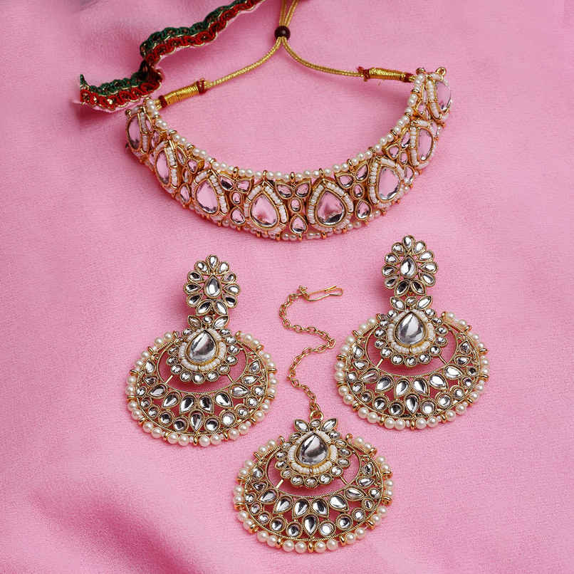 Sukkhi Fashionable Gold Plated White Kundan & Beads Studded Choker Necklace Set