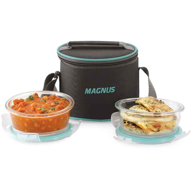 Magnus Vivid Solid Glass Lunch Box - Round Microwave-Safe Borosilicate Containers-400 ml x 2 & Bag Magnus Vivid Solid Glass Lunch Box - Round Microwave-Safe Borosilicate Containers-400 ml x 2 & Bag