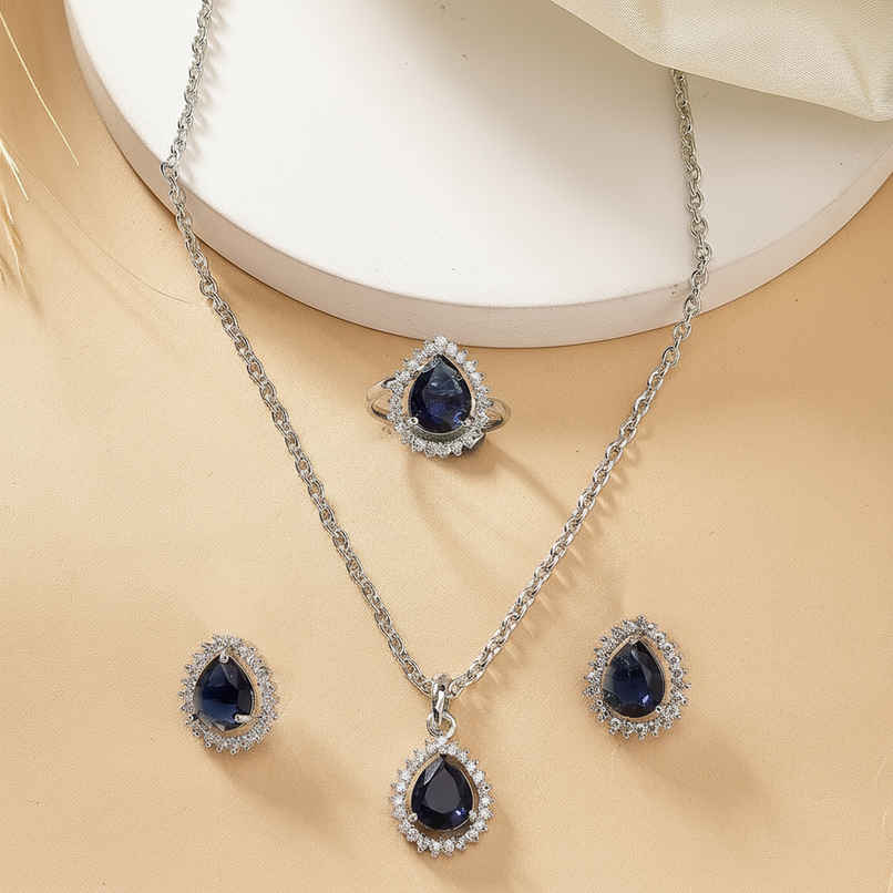 Zeneme Rhodium-Plated Blue American Diamond Necklace and Earrings With Ring For Women & Girls