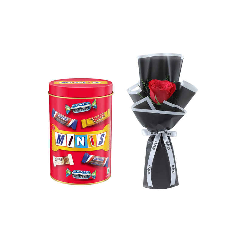 Snickers Best Of Our Minis Chocolate Gift Tin | Gifting Treat | Snickers (133g) & Fnp Single Red Rose Bouquet (1pc) Combo