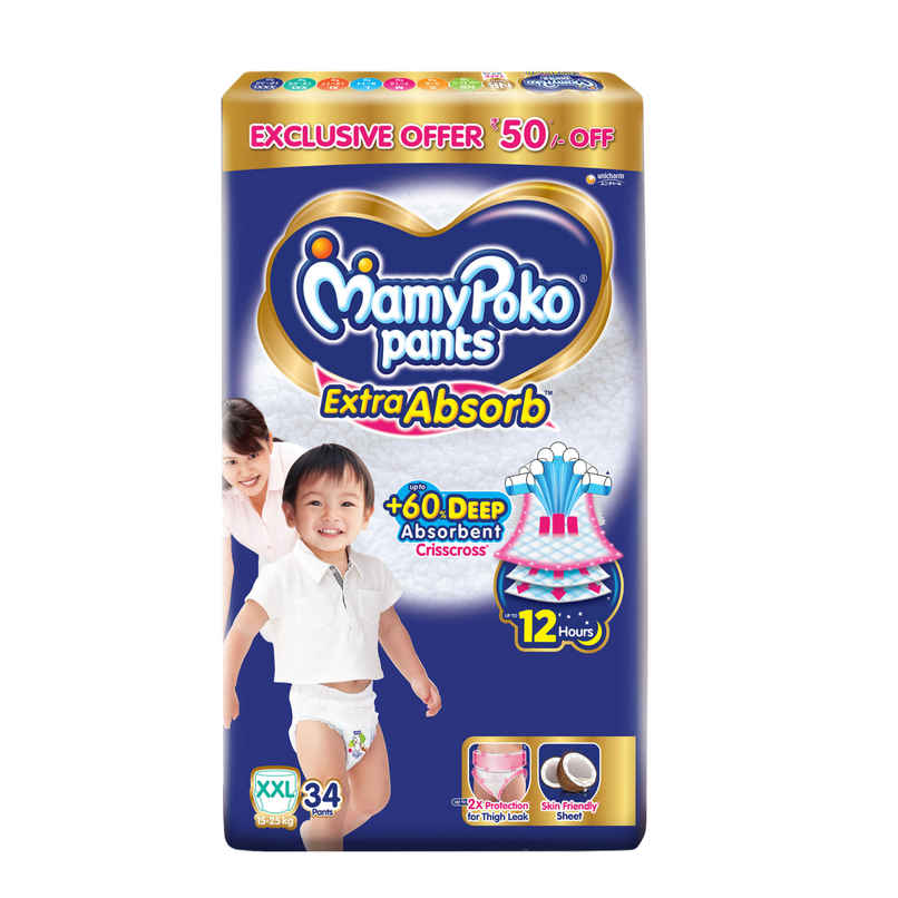 Mamypoko Extra Absorb Baby Diapers | Pant Style | 2XL | 34 pcs